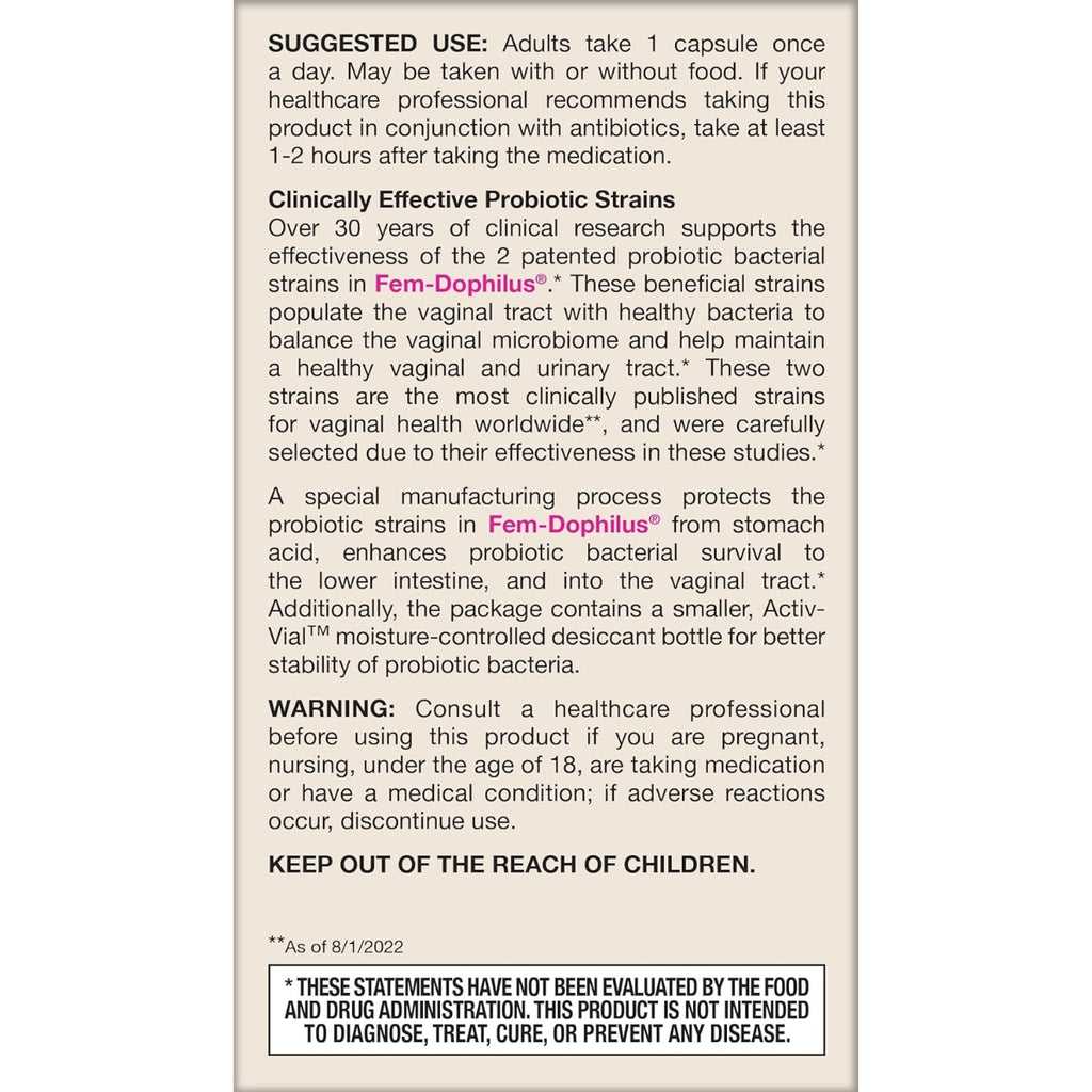 Jarrow Formulas Fem-Dophilus 60 Veggie Capsules 1 Billion CFU 2 Clinically Effective Strains, Korea