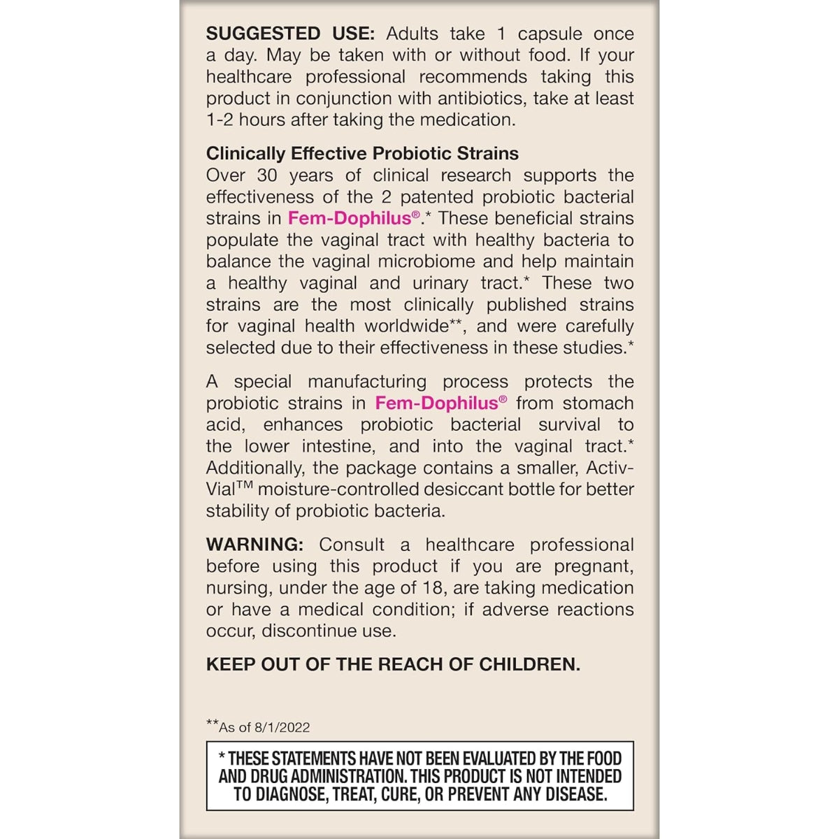 Jarrow Formulas Fem-Dophilus 60 Veggie Capsules 1 Billion CFU 2 Clinically Effective Strains, Korea