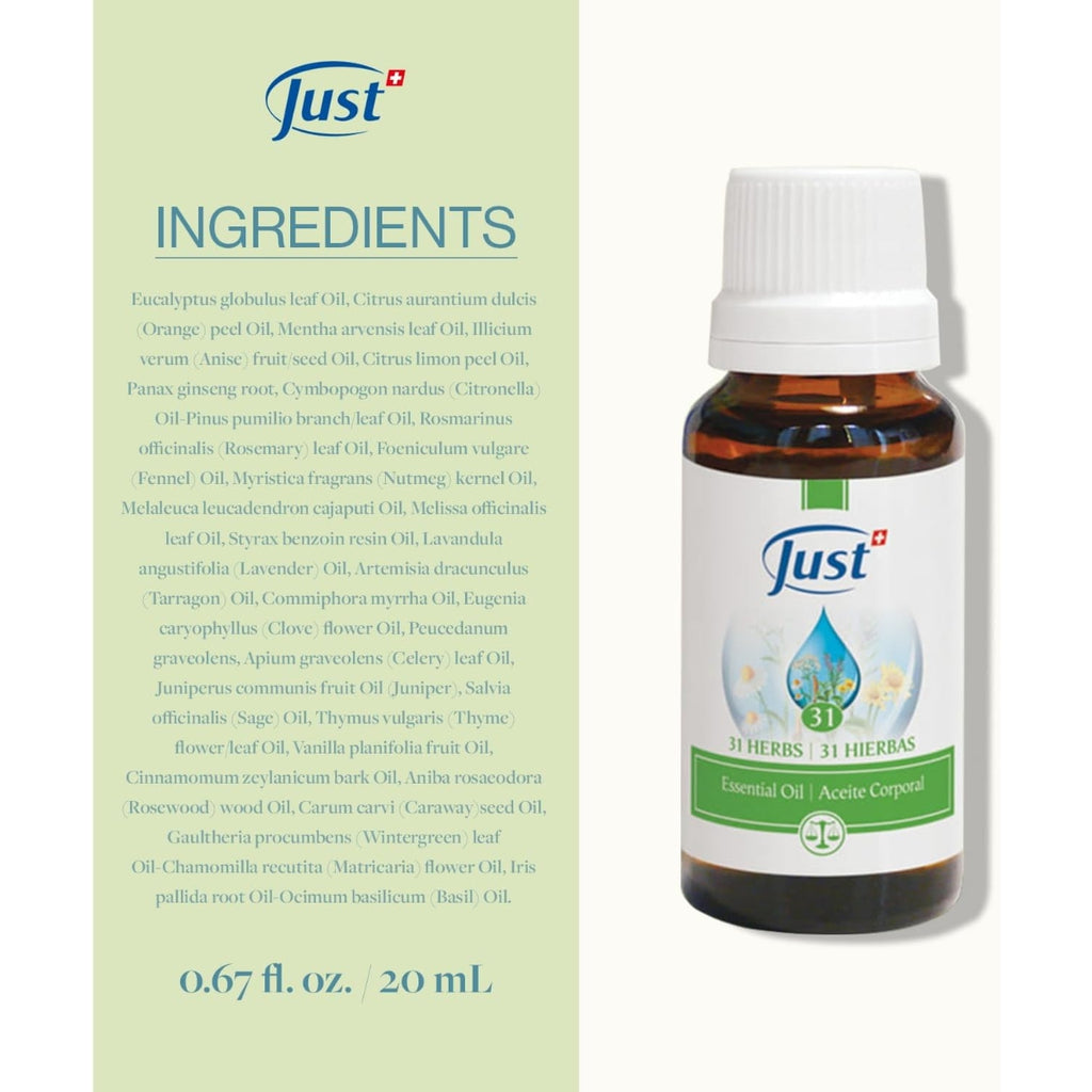 SWISS JUST Essential Oil 31 Herbs 20ml for Massage, Bath, Aromatherapy, Headaches, Muscle Pain / from Seoul, Korea