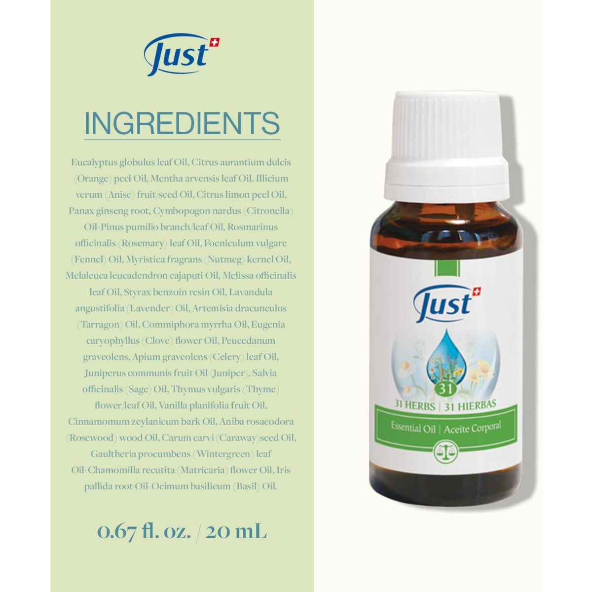 SWISS JUST Essential Oil 31 Herbs 20ml for Massage, Bath, Aromatherapy, Headaches, Muscle Pain / from Seoul, Korea